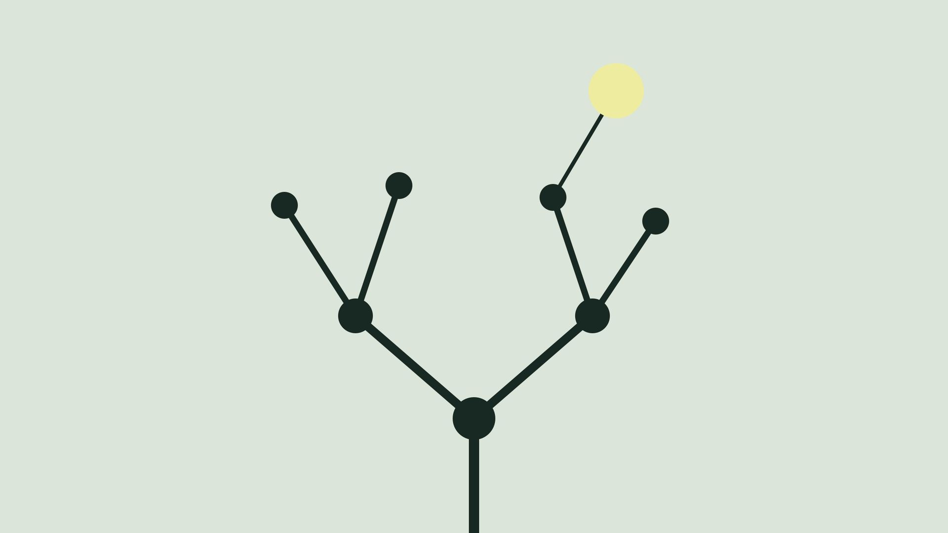 A dark tree of branches and nodes, with its newest, thinnest branch ending in a yellow ball.