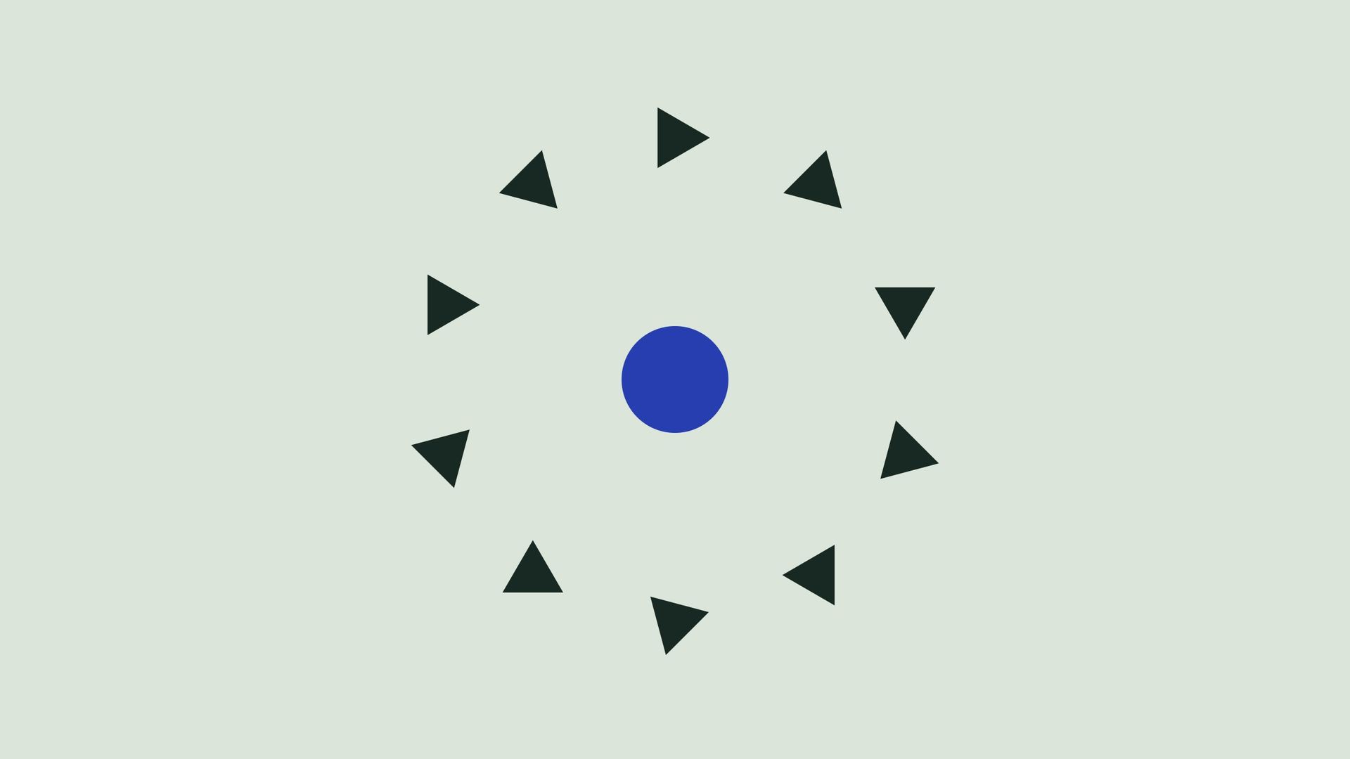 Dark triangles in a ring around a blue ball, each one turned a little further than the last.