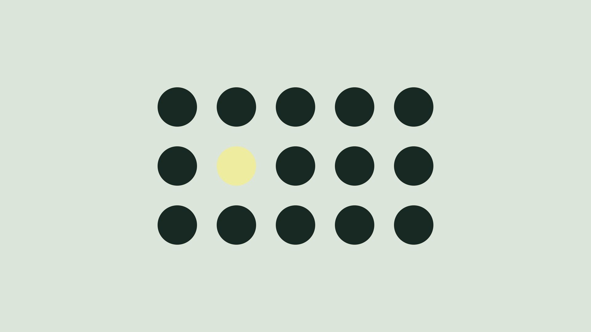 Fifteen dark dots in a grid, one of them yellow