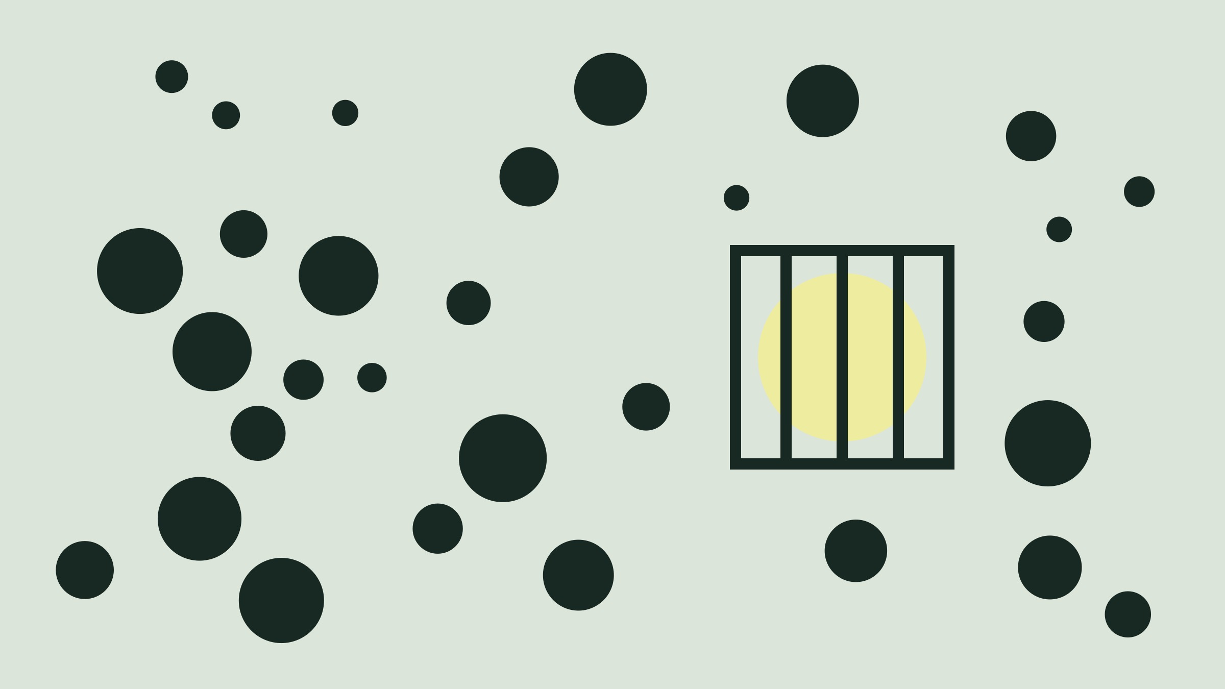 A yellow dot locked in a cage among scattered dark dots