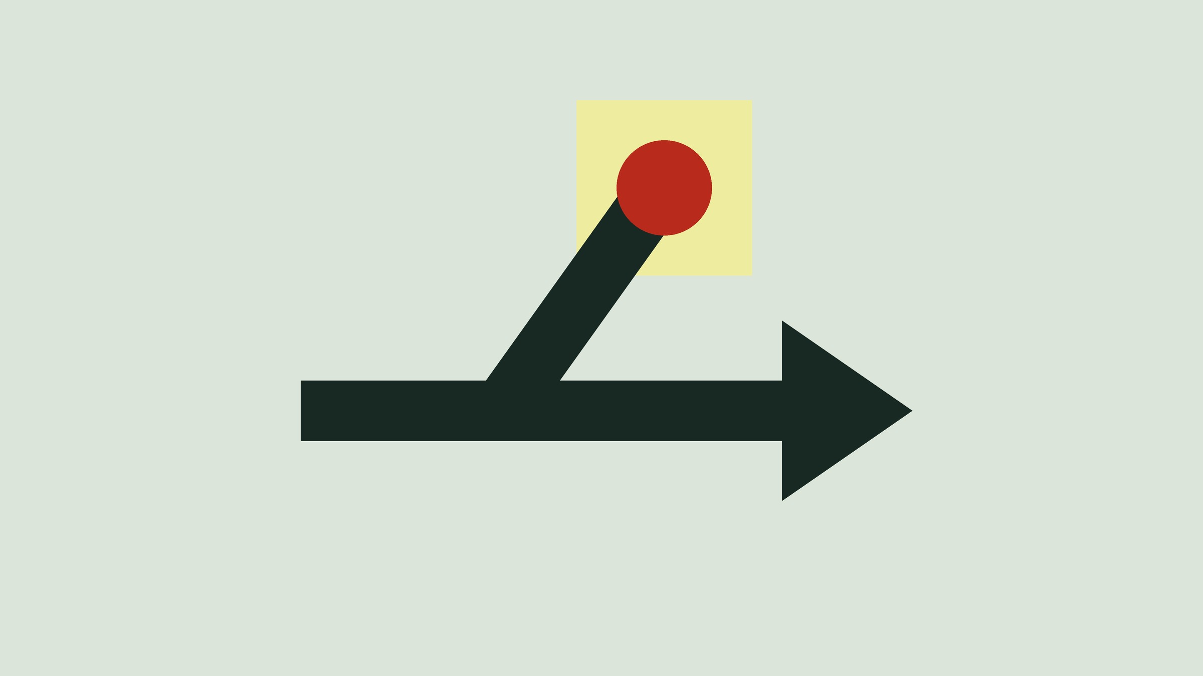 A heavy dark arrow pointing right, with a branch leaving it halfway and ending on a yellow square with a red ball