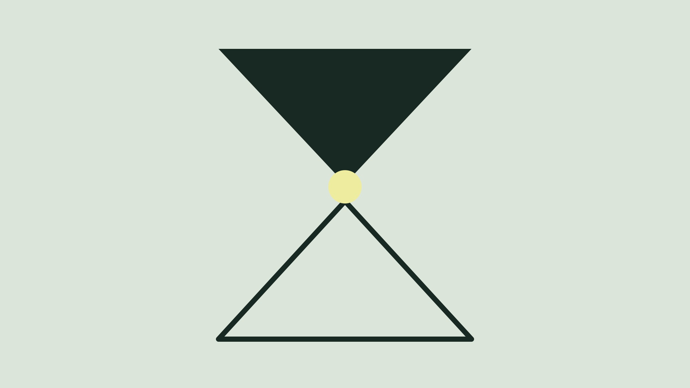 A dark hourglass with its top half full and its bottom half empty, and a yellow ball stuck in the neck