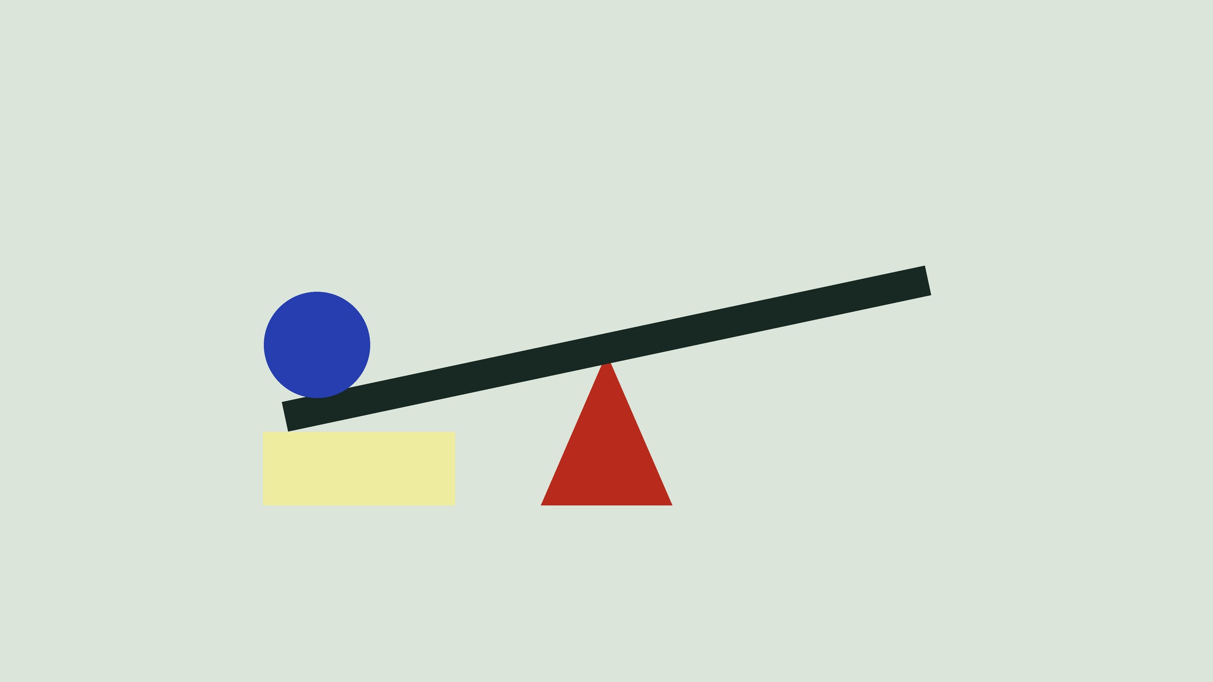 A long dark beam on a red triangle, tipped down at one end where a blue ball rests on a yellow block