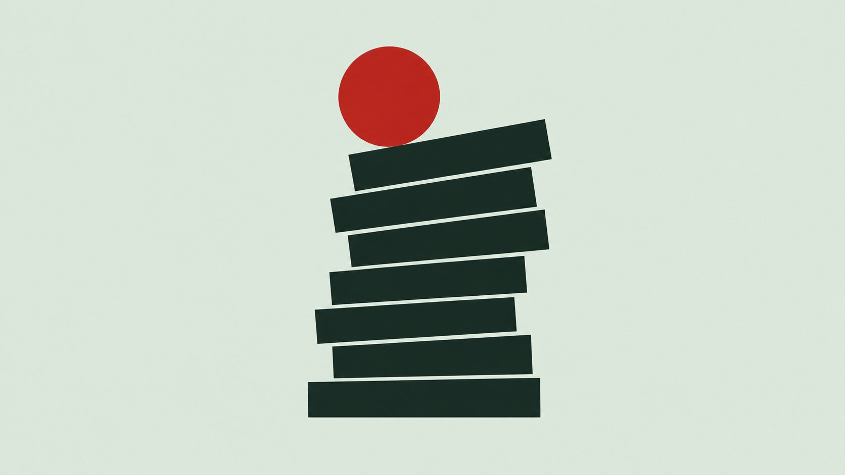 A red circle balanced on a stack of dark geometric bars