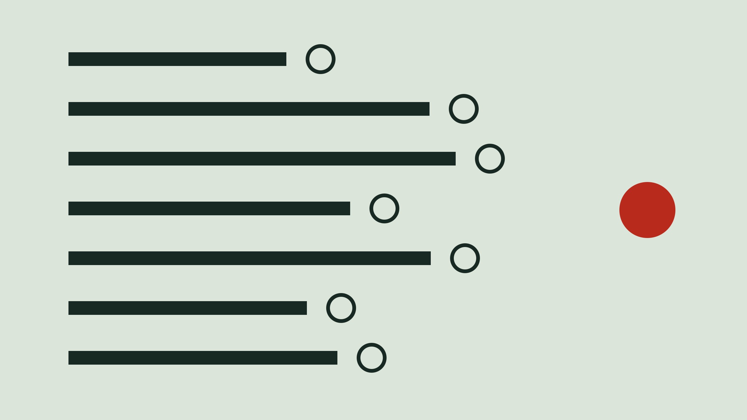 Rows of dark bars, each ending in an empty ring, and a red ball on its own to the right
