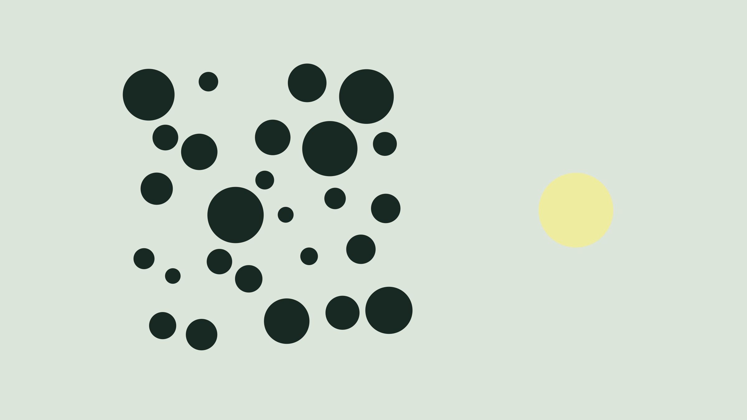 A cloud of dark dots in different sizes, and one yellow dot on its own