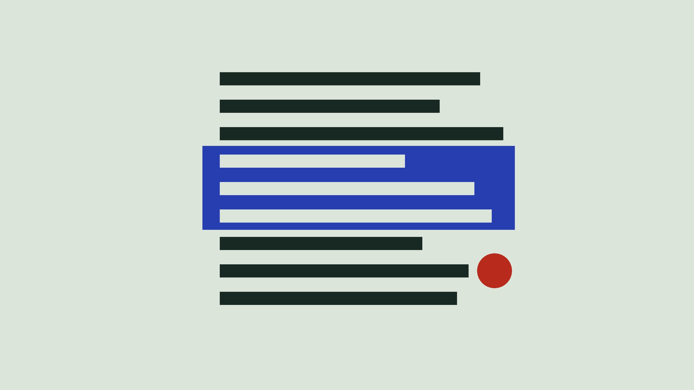 Dark lines of text down a page, a blue window over the middle few, and a red ball on a line below the window
