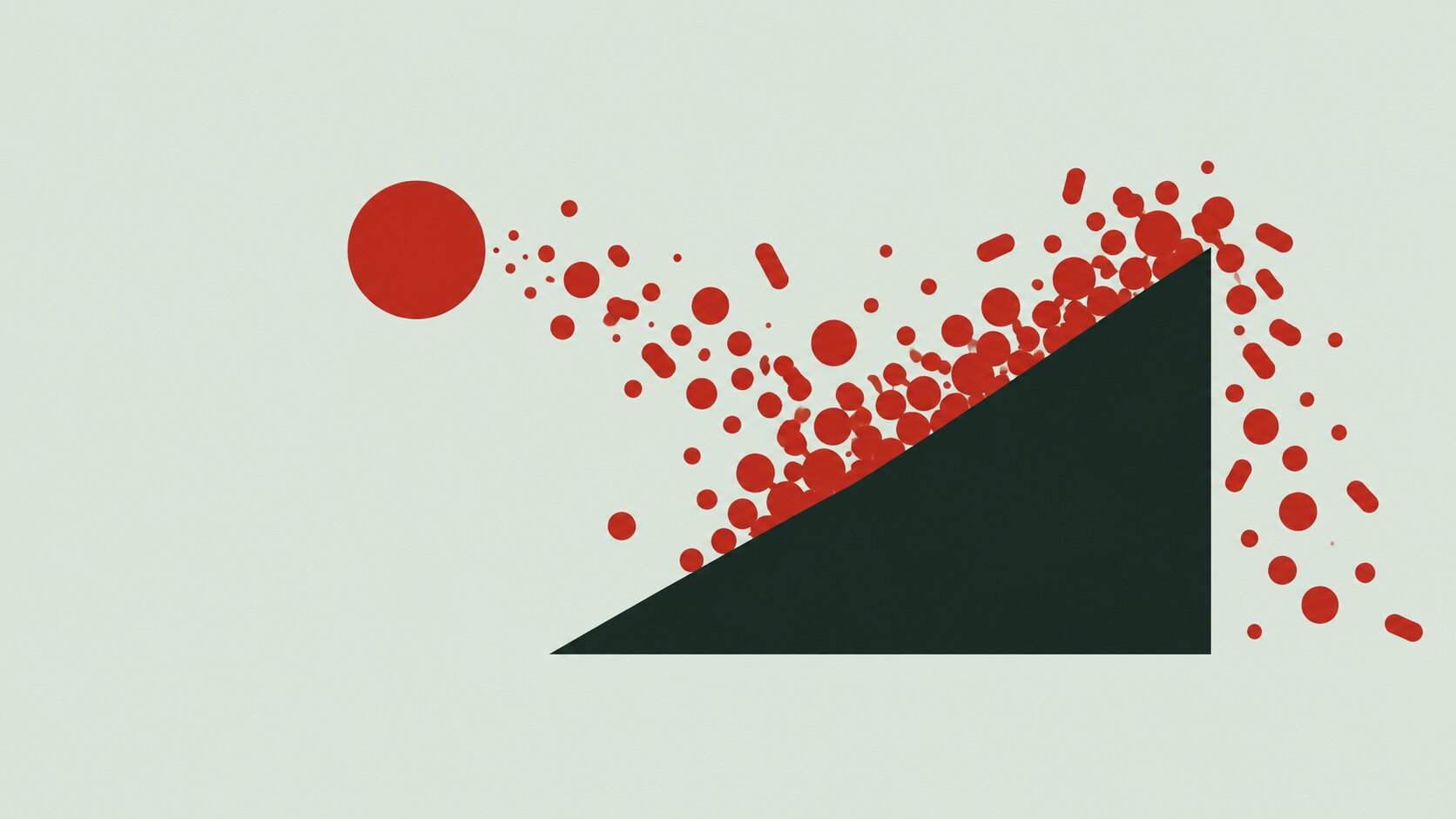 Red fragments spilling over a dark geometric platform