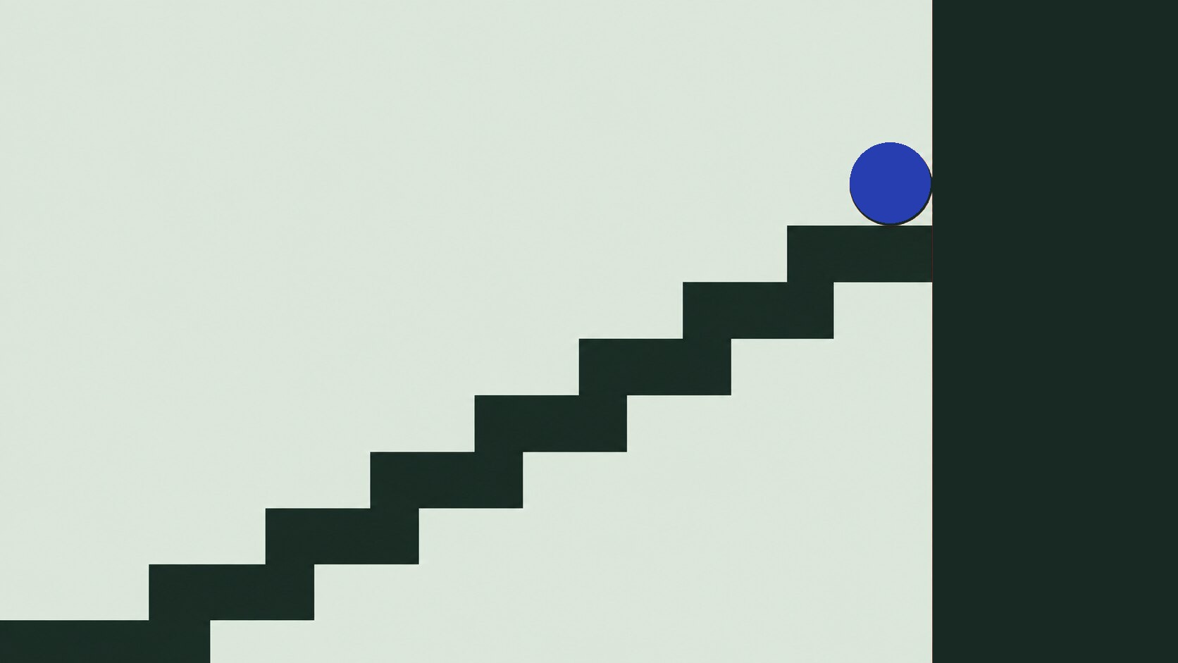 A blue circle resting on the top step of a dark staircase