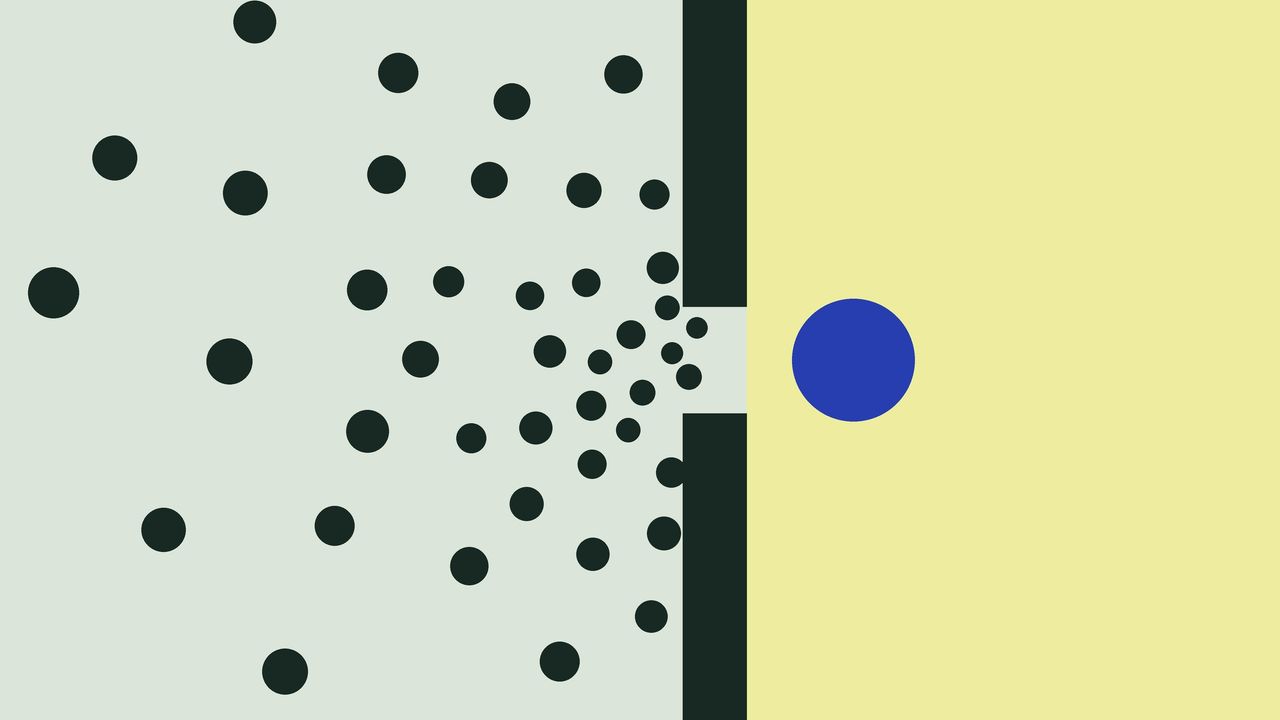 Dark dots spread across a sage field and crowd at a narrow gap in a dark wall, with a blue ball through the gap on a yellow field.