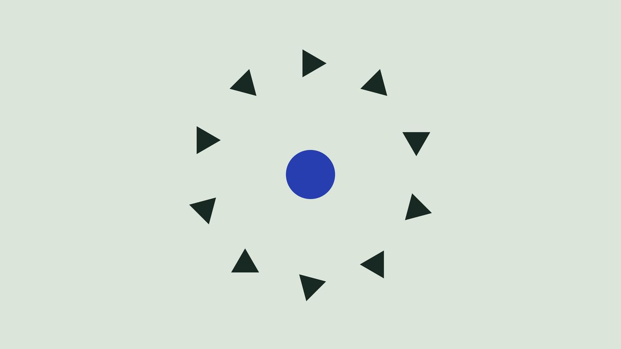 Dark triangles in a ring around a blue ball, each one turned a little further than the last.