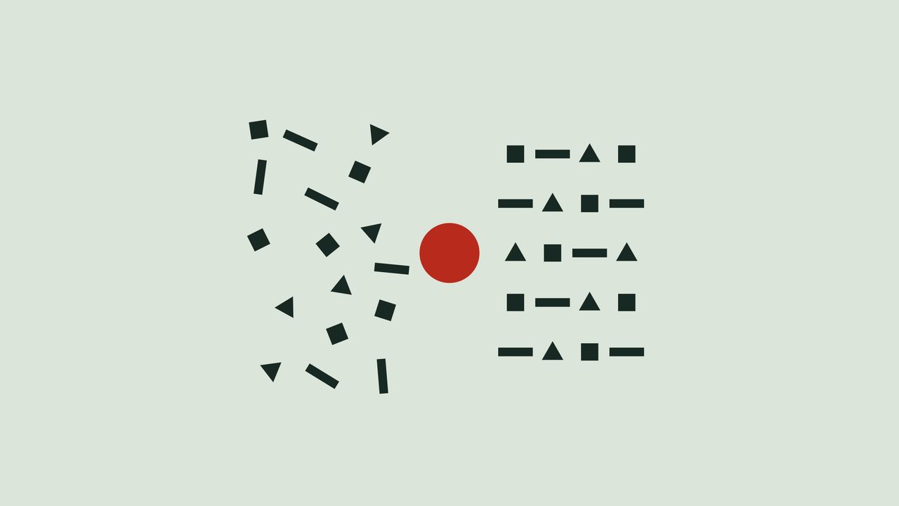 Loose dark shapes on the left, the same shapes in straight rows on the right, and a red ball in the middle.