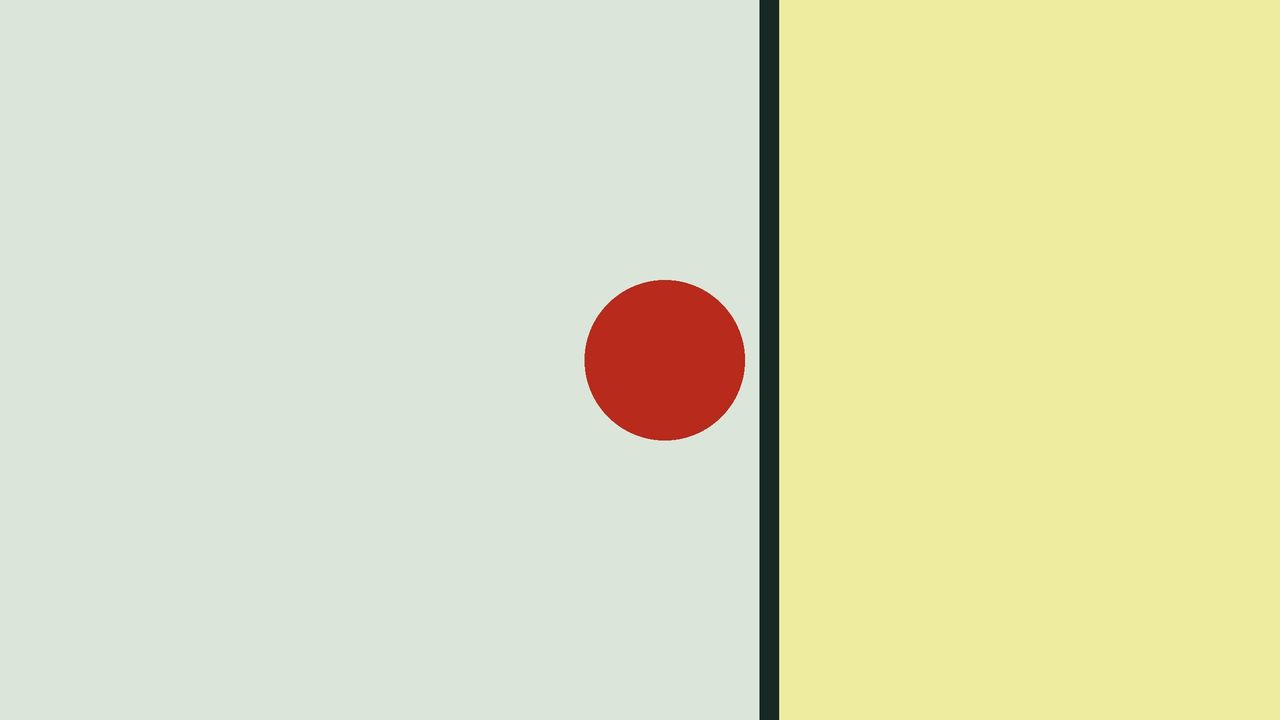 A red ball stopped by a dark bar, with a yellow field on the far side.