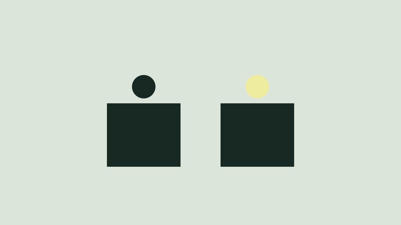Dark blocks of the same size side by side on a pale green field, one with a dark ball on top and one with a yellow ball.